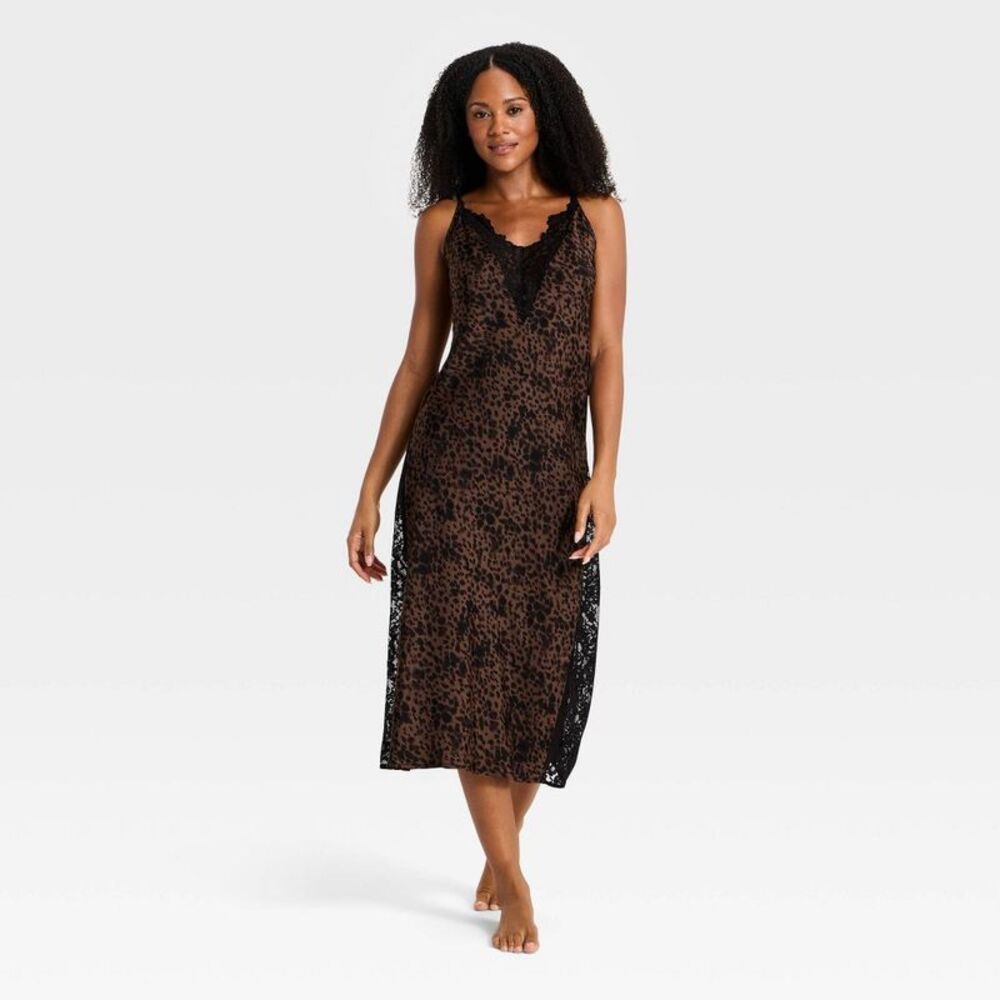 Women's Lace Trim Satin Chemise - Auden Brown S